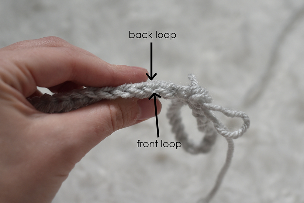 Instructions for back loop and front loop on crochet by The Turtle Trunk