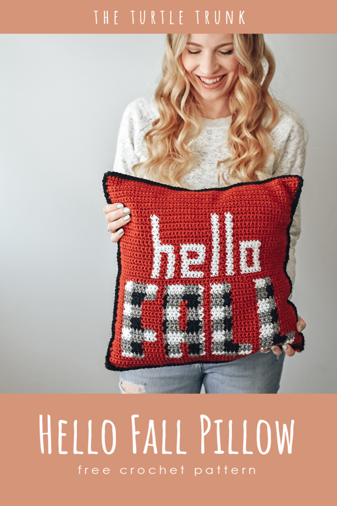 Pinterest pin for the hello fall pillow crochet pattern by The Turtle Trunk