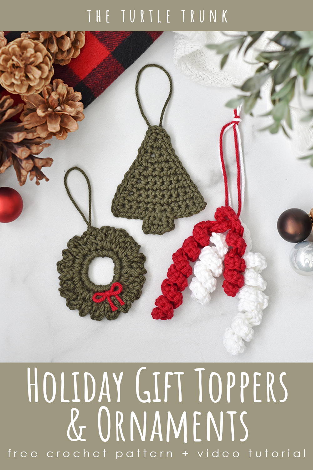 Pinterest pin for the gift topper and ornament crochet patterns from The Turtle Trunk