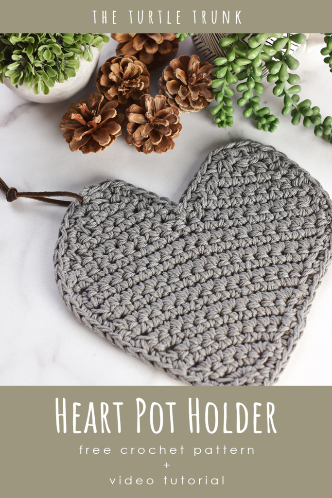 Pinterest pin for the Heart Pot Holder crochet pattern by The Turtle Trunk