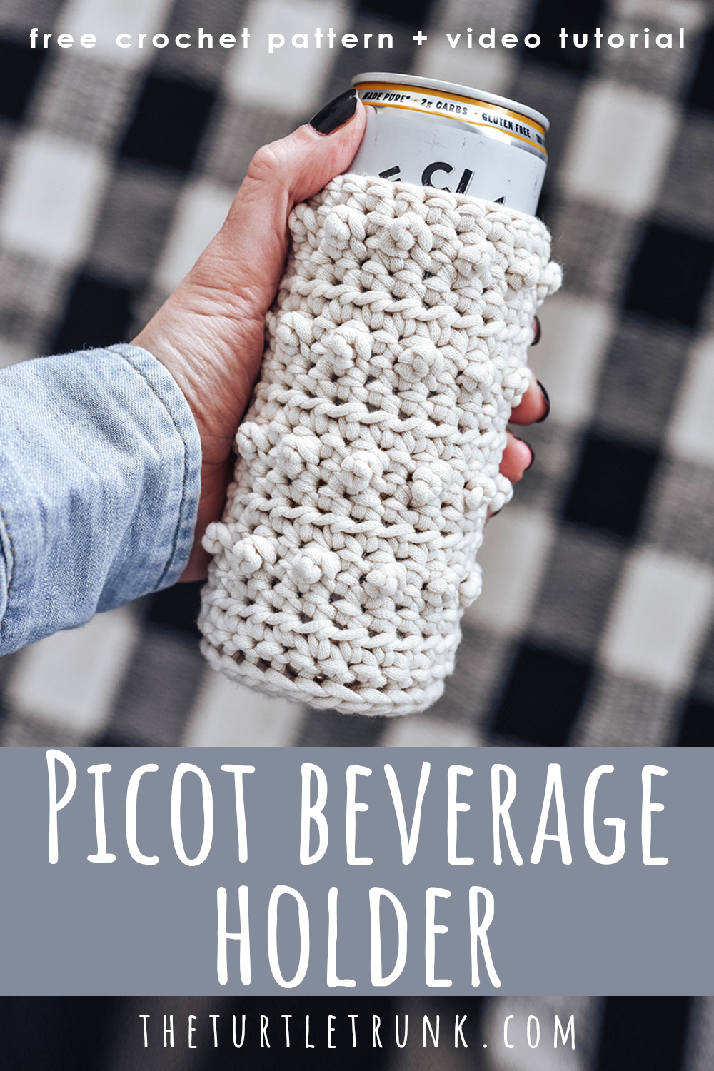 Pinterest pin for the picot beverage holder crochet pattern by The Turtle Trunk