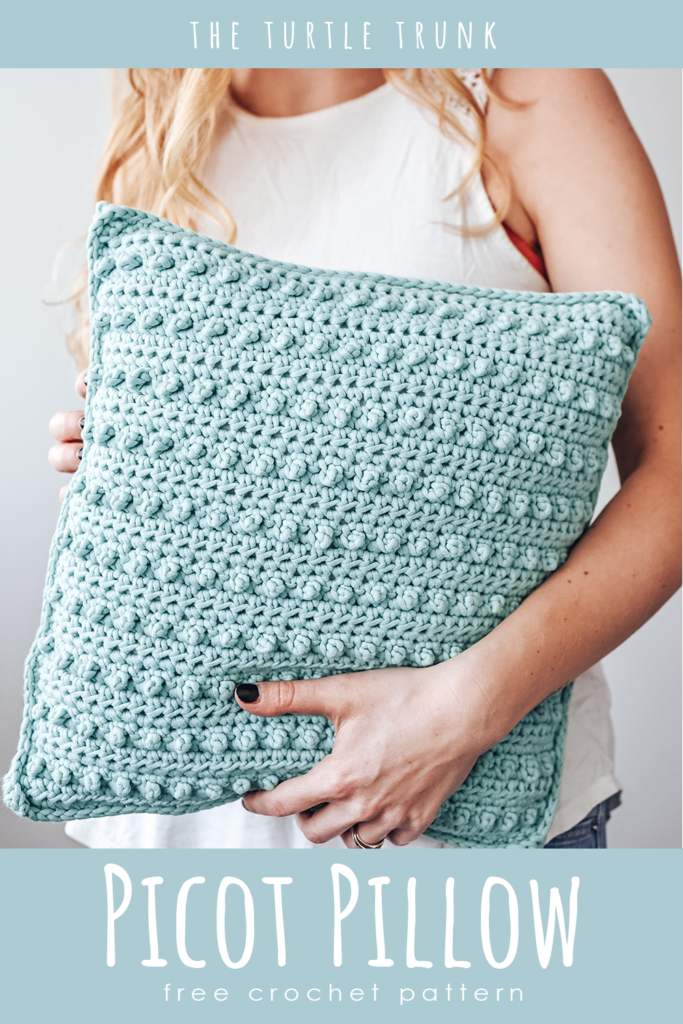 Pinterest pin for the picot pillow crochet pattern by The Turtle Trunk