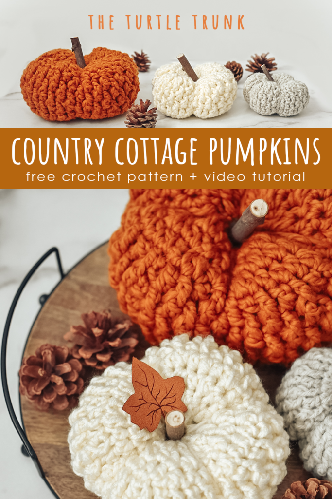 Pinterest pin for the country cottage pumpkin crochet pattern by The Turtle Trunk