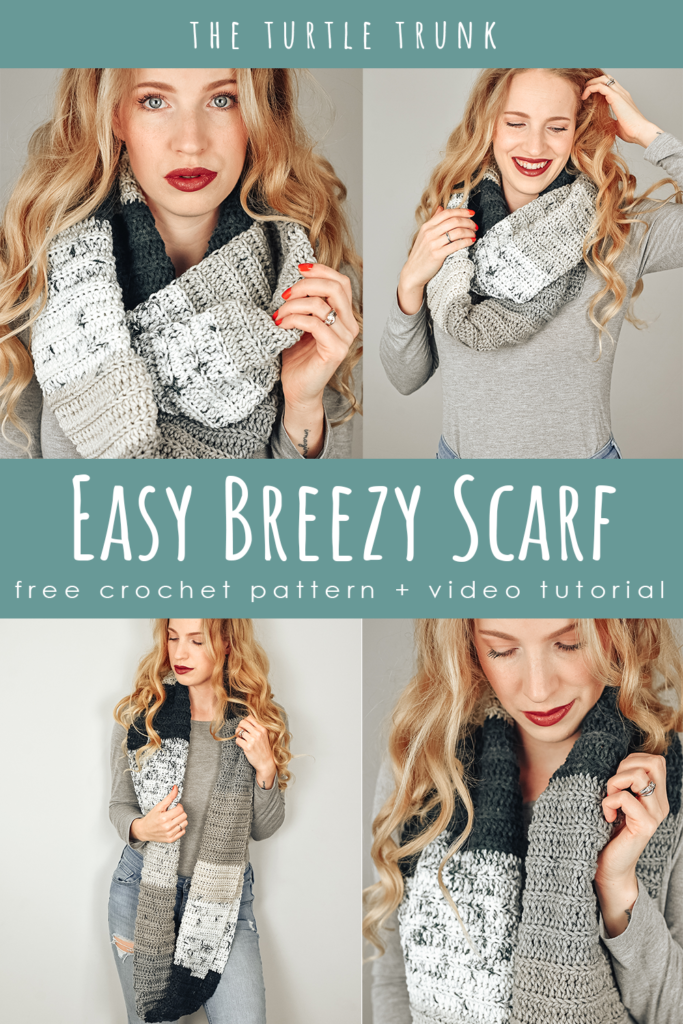 Pinterest pin for the Easy Breezy Scarf crochet pattern by The Turtle Trunk