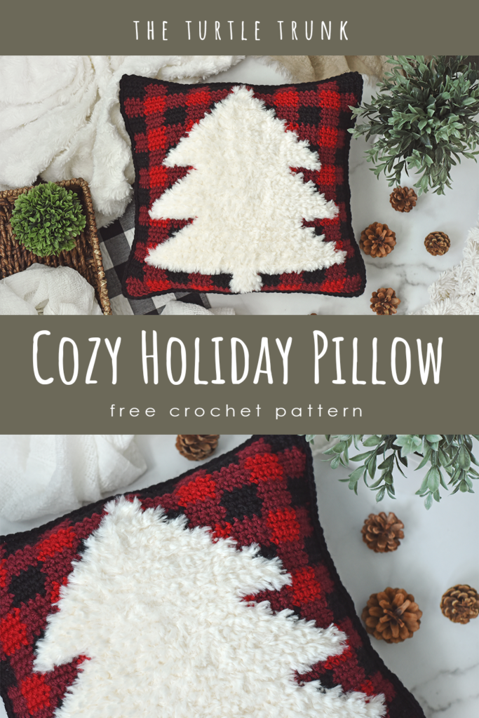 pinterest pin for the cozy holiday pillow crochet pattern by The Turtle Trunk