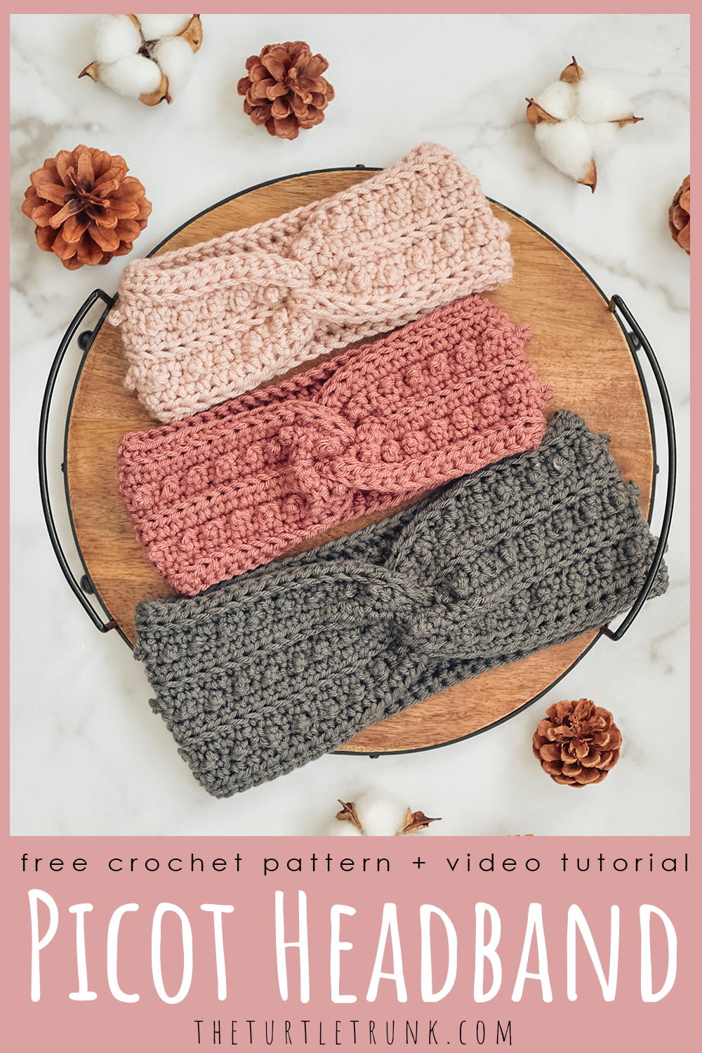 Pinterest pin for the Picot Headband crochet pattern by The Turtle Trunk