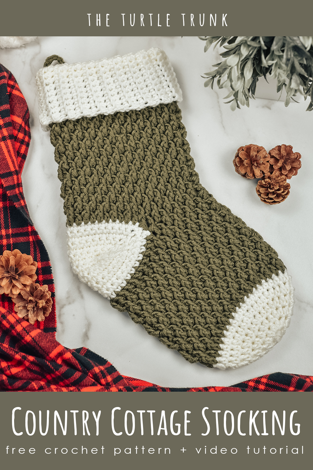 pinterest pin for the country cottage stocking crochet pattern by The Turtle Trunk