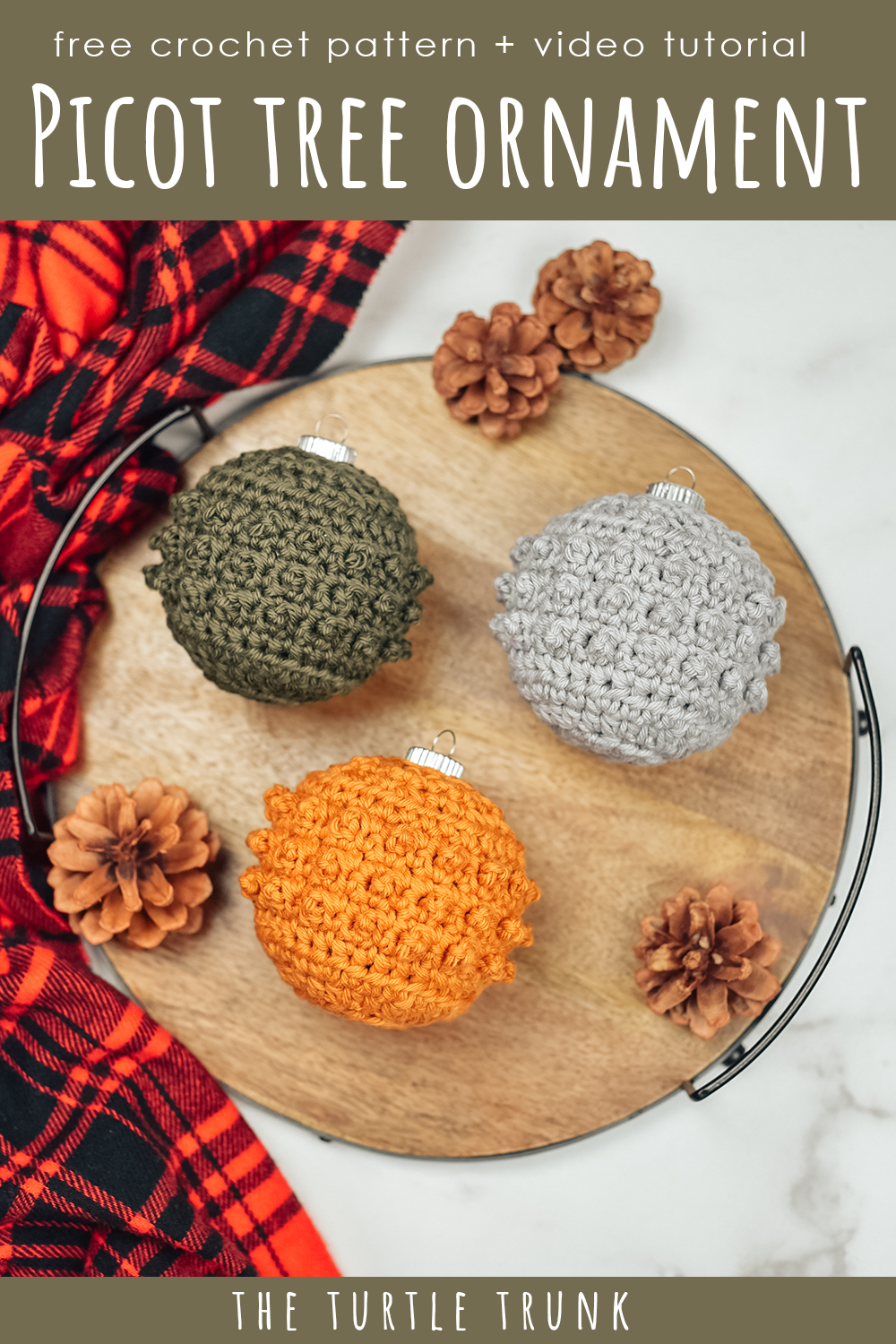 Pinterest pin for the Picot Tree Ornament crochet pattern by The Turtle Trunk. Photo shows 3 crochet tree ornaments laying on a wooden board.