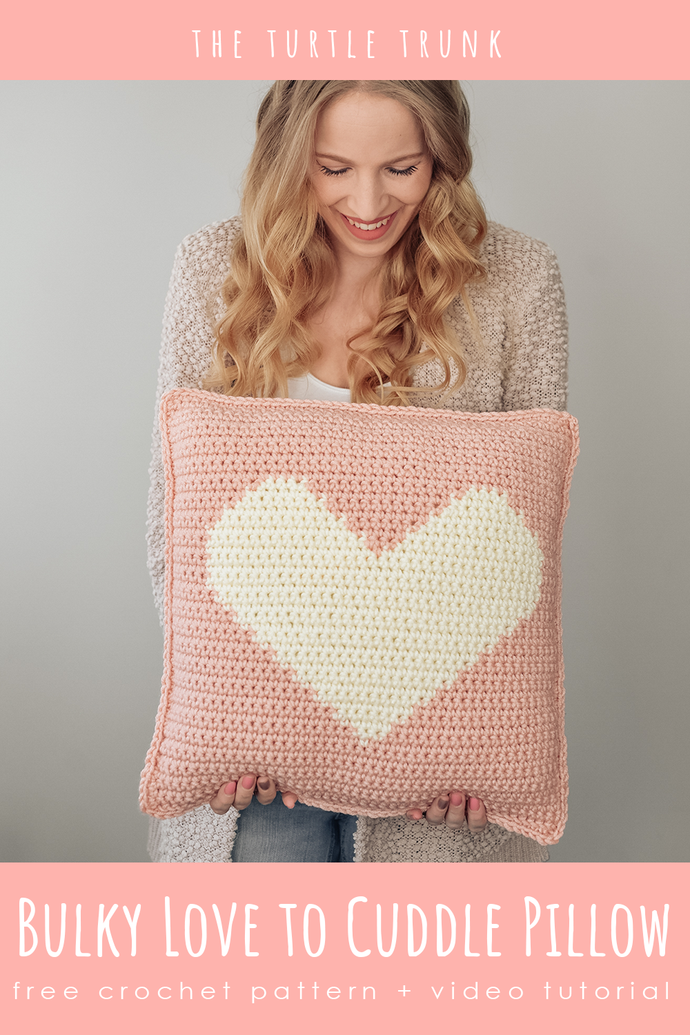 pinterest pin for the bulky love to cuddle pillow crochet pattern by The Turtle Trunk