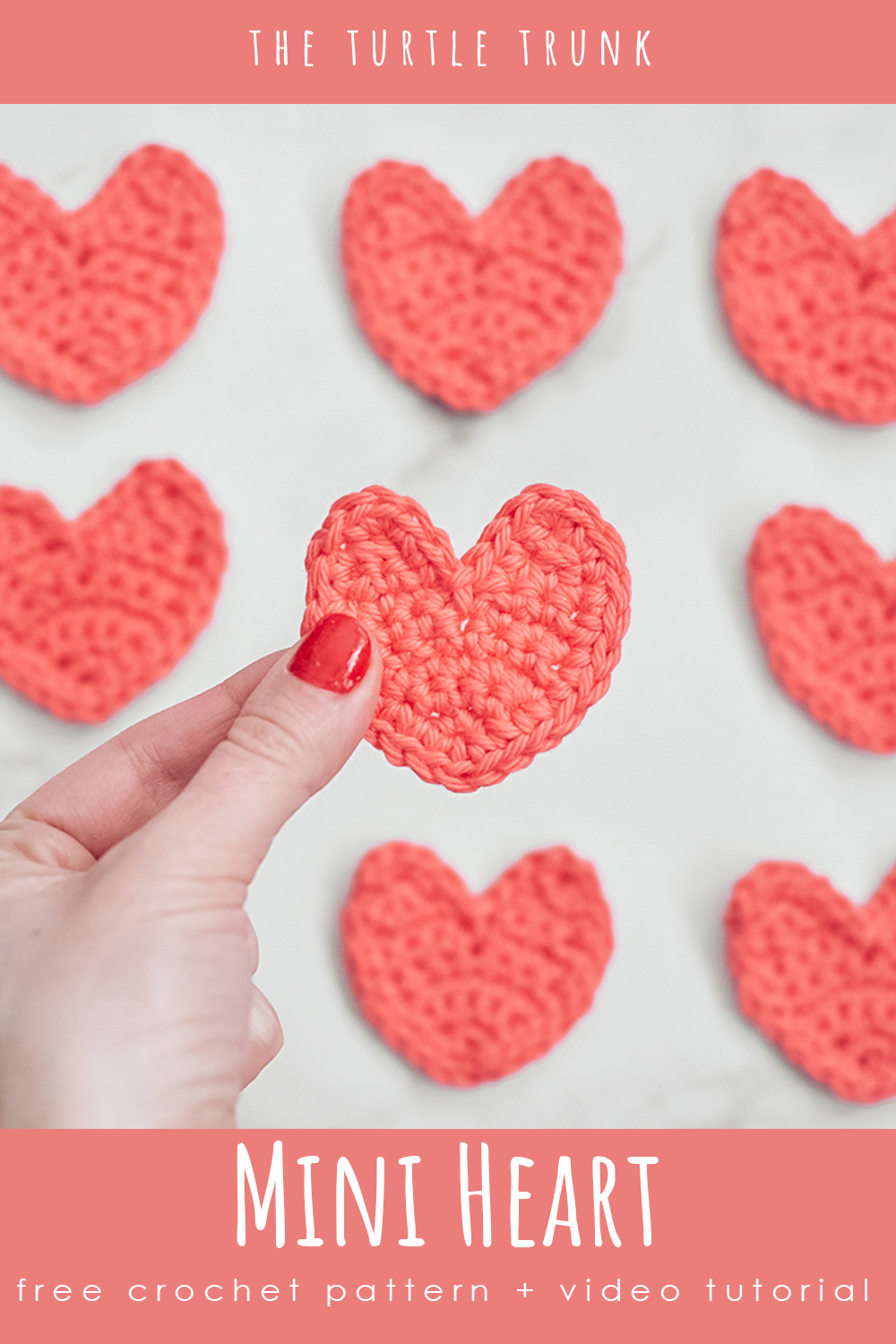 Pinterest Pin for the Mini Crochet Heart crochet pattern by The Turtle Trunk