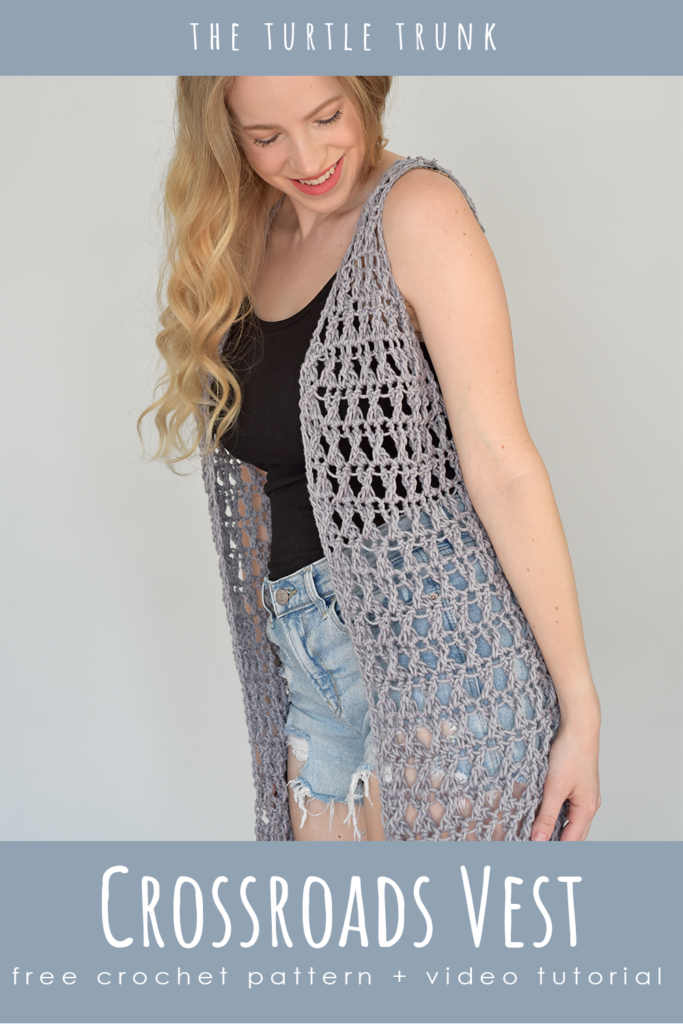 Pinterest pin for the Crossroads Vest crochet pattern by The Turtle Trunk