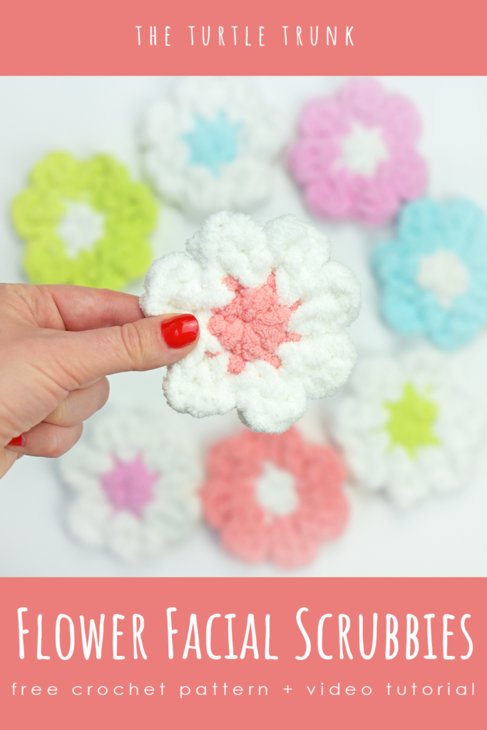 pinterest pin for the flower facial scrubbies crochet pattern by The Turtle Trunk