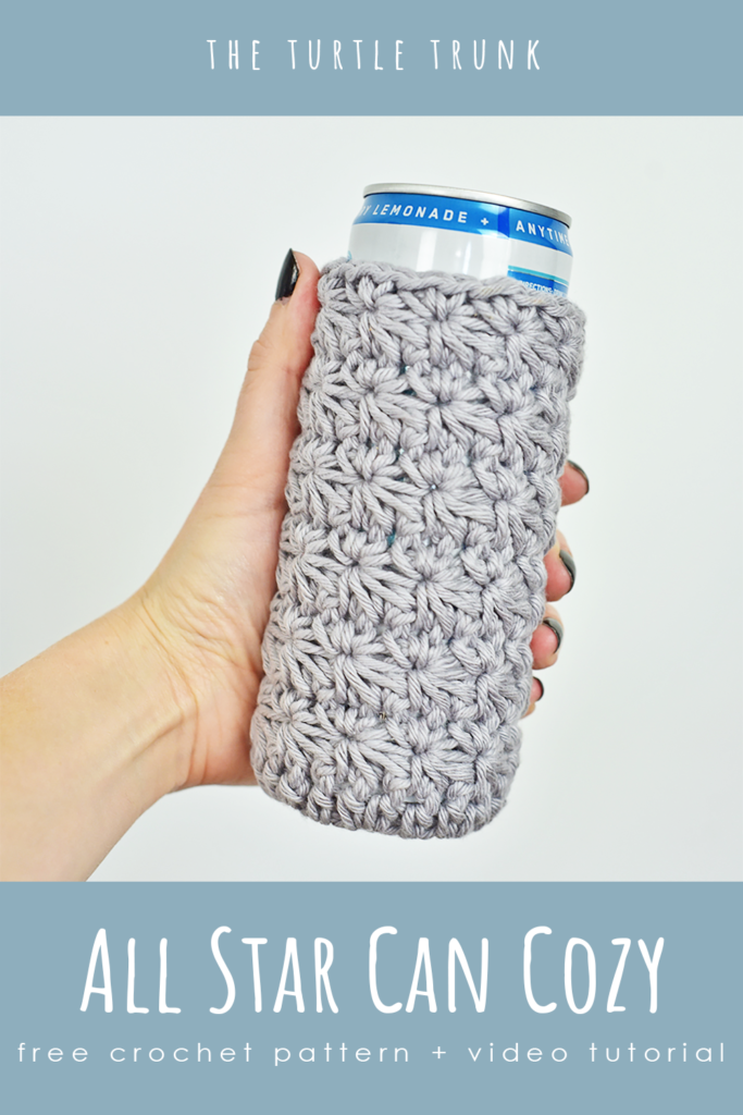 Pinterest pin for the all star can cozy crochet pattern by The Turtle Trunk