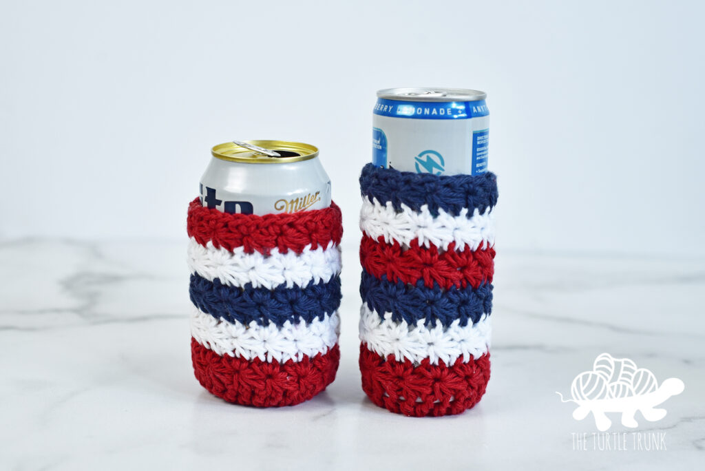 Crochet All Star Can Cozy in Regular and Skinny in the colors red, white, and blue.  Pattern by The Turtle Trunk