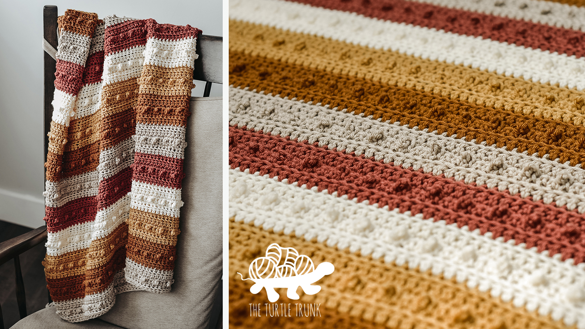 Multicolor crochet blanket laying on a rocking chair. Pattern is Picot Blanket by The Turtle Trunk.