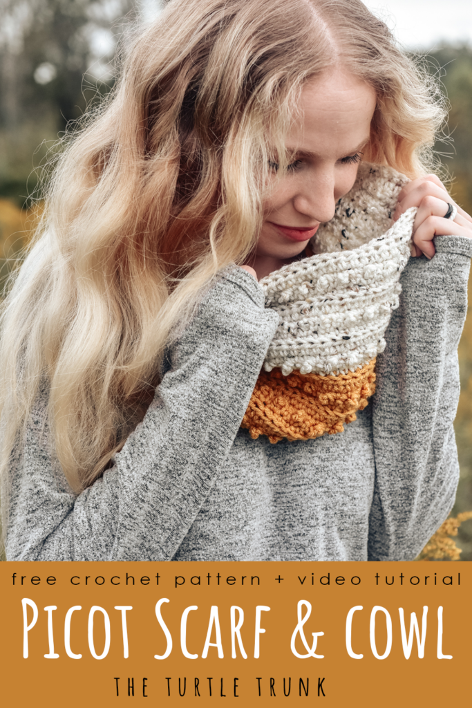 Pinterest Pin for the Picot Scarf & Cowl crochet pattern by The Turtle Trunk