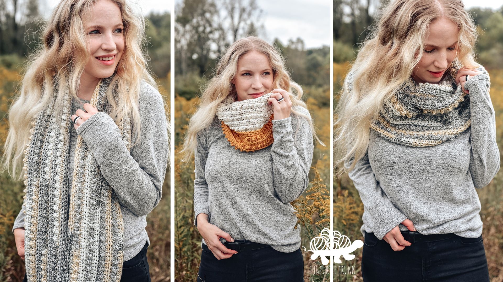 3 photos of a woman wearing a crochet scarf while standing outside. Picot Scarf and Cowl crochet pattern by The Turtle Trunk.