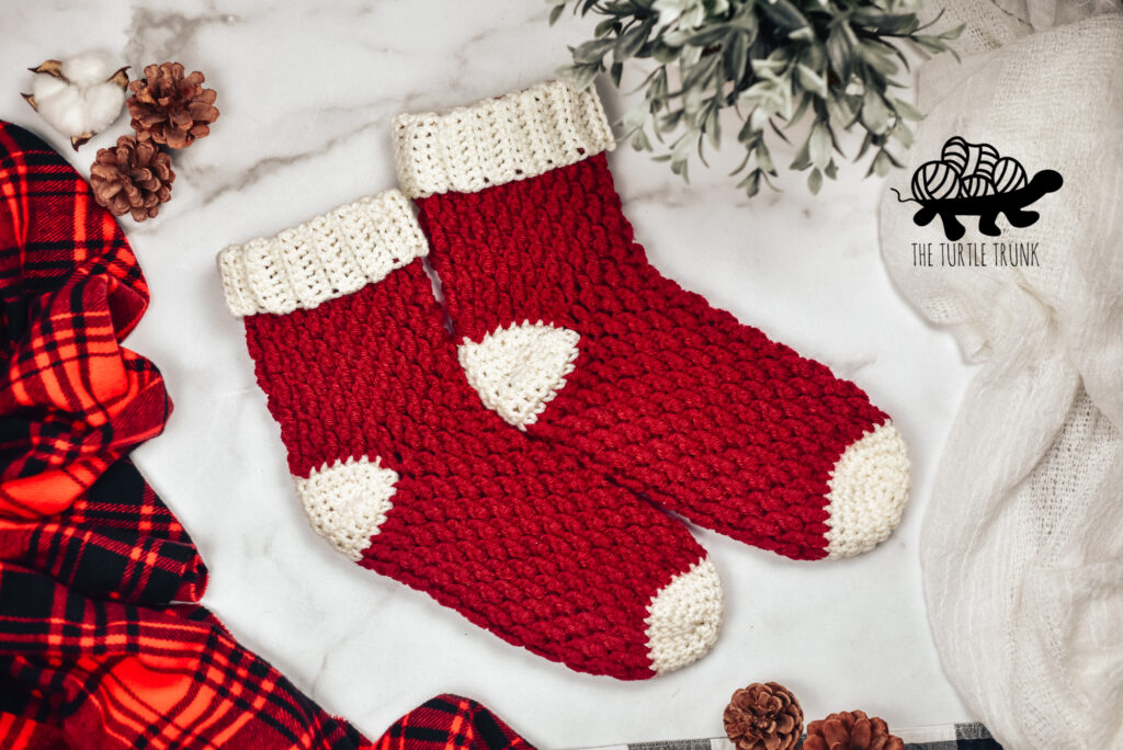 Red and White Country Cottage Socks crochet pattern by The Turtle Trunk