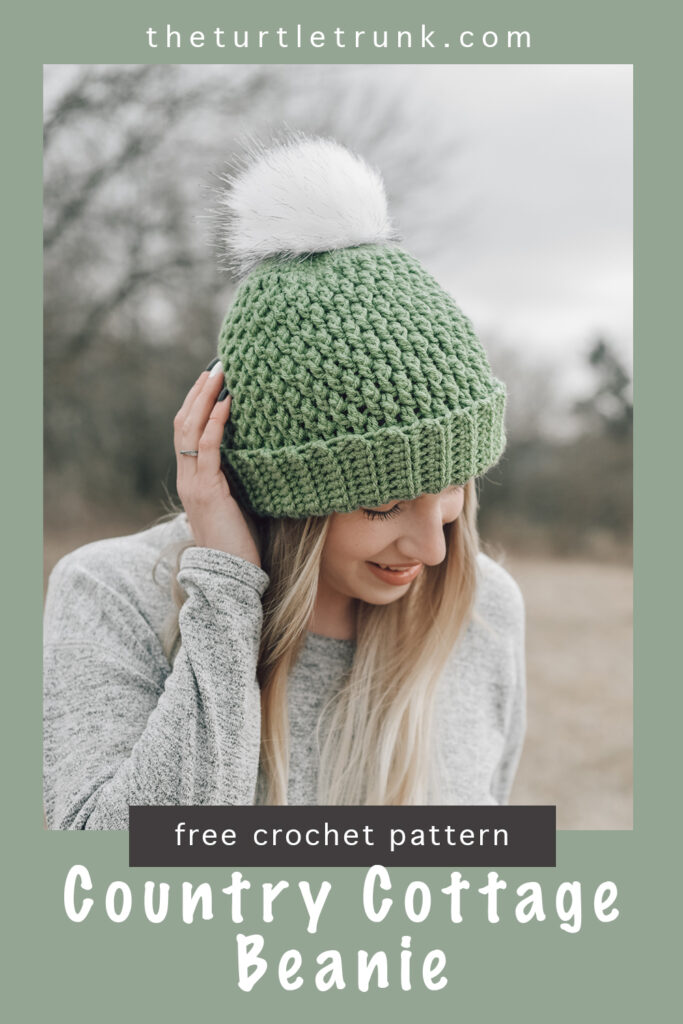 Pinterest pin for the Country Cottage Beanie crochet pattern by The Turtle Trunk. Photo shows a woman wearing a green crochet hat.