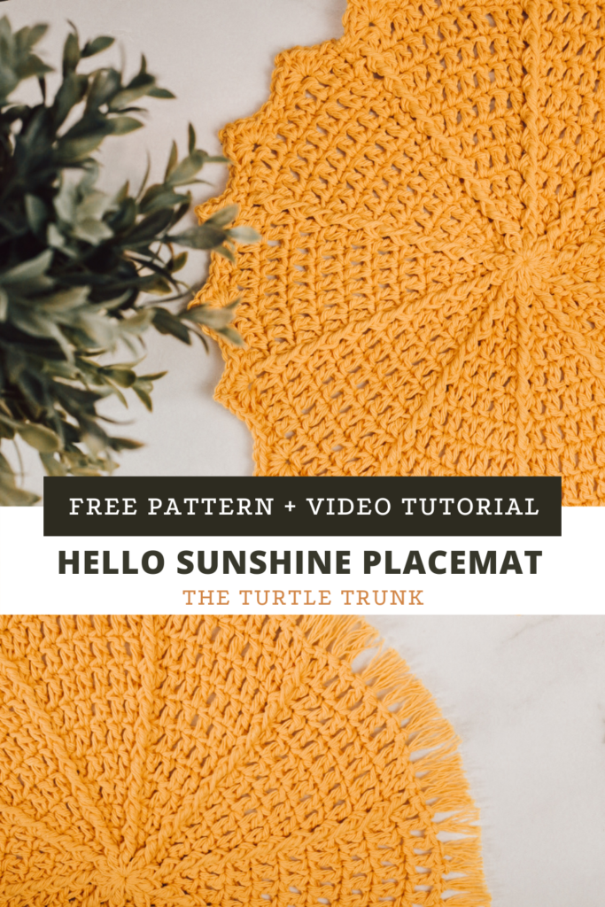 Pinterest pin for the Hello Sunshine Placemat crochet pattern by The Turtle Trunk. Photo shows 2 yellow, crochet placemats laying on a white surface. The crochet placemats look like a sun.