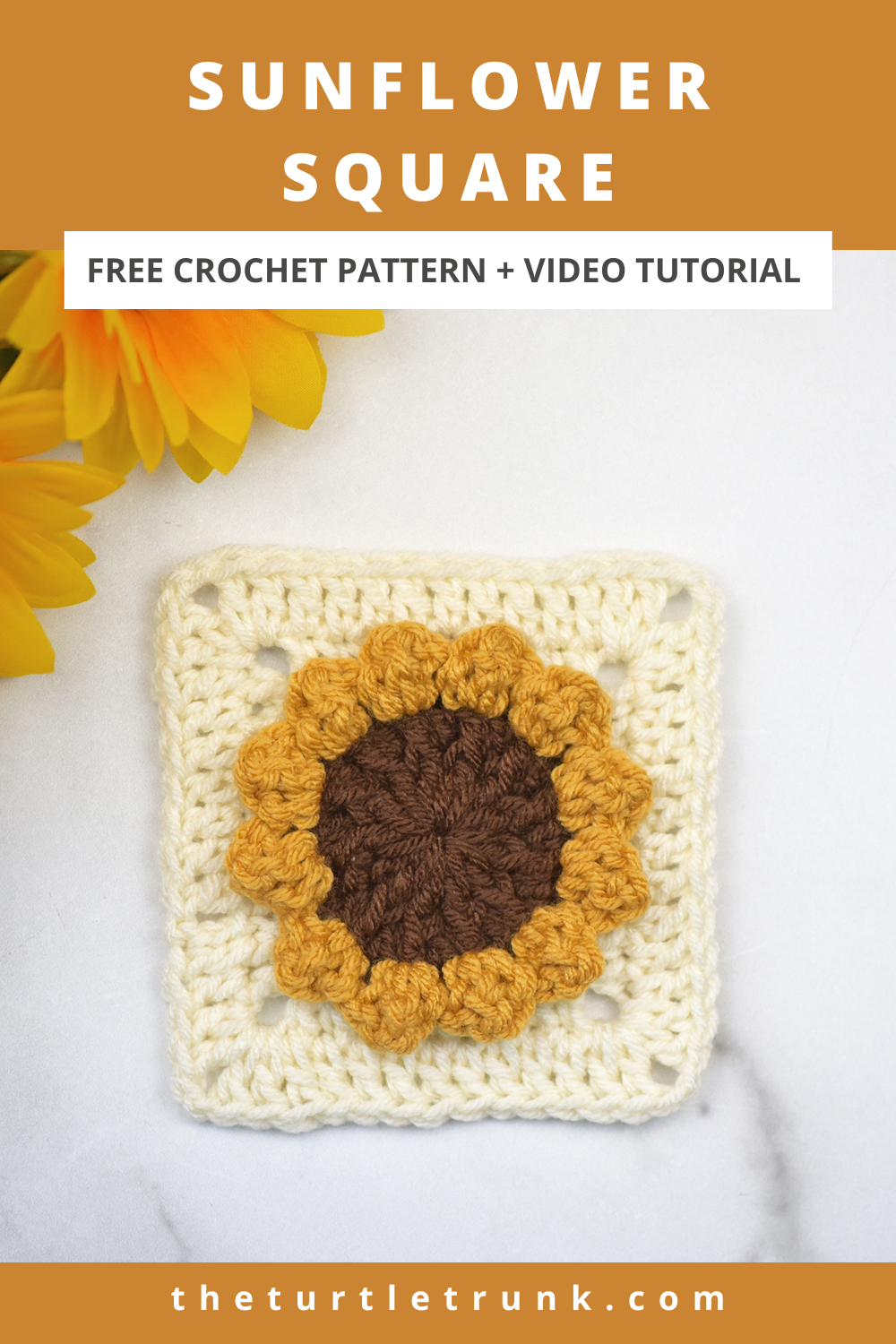 Pinterest pin for the Sunflower Square crochet pattern by The Turtle Trunk. Photo shows a crochet sunflower square laying on a white surface.