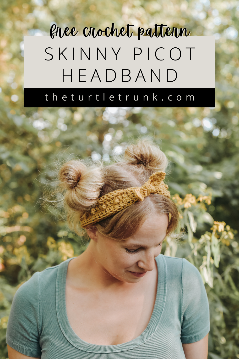 Pinterest pin for the Skinny Picot Headband crochet pattern by The Turtle Trunk. Photo shows a woman standing outside, wearing a green t-shirt and yellow, crochet headband.