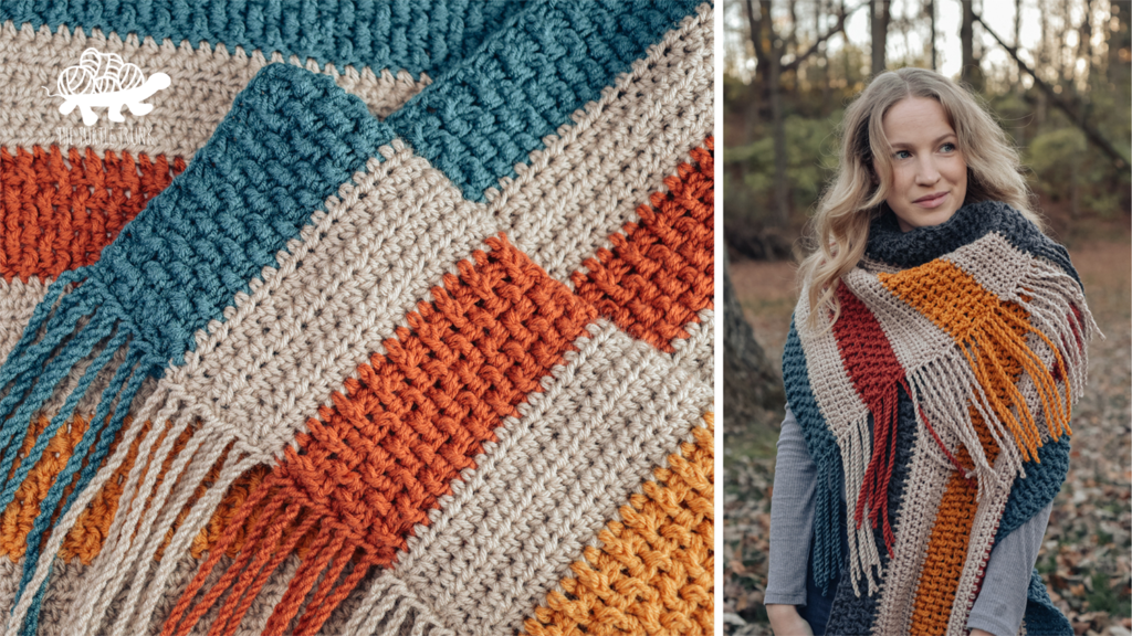 Photo shows a striped, crochet scarf on the left and a woman wearing the crochet scarf on the right. Crochet pattern is the Bonfire Scarf by The Turtle Trunk.