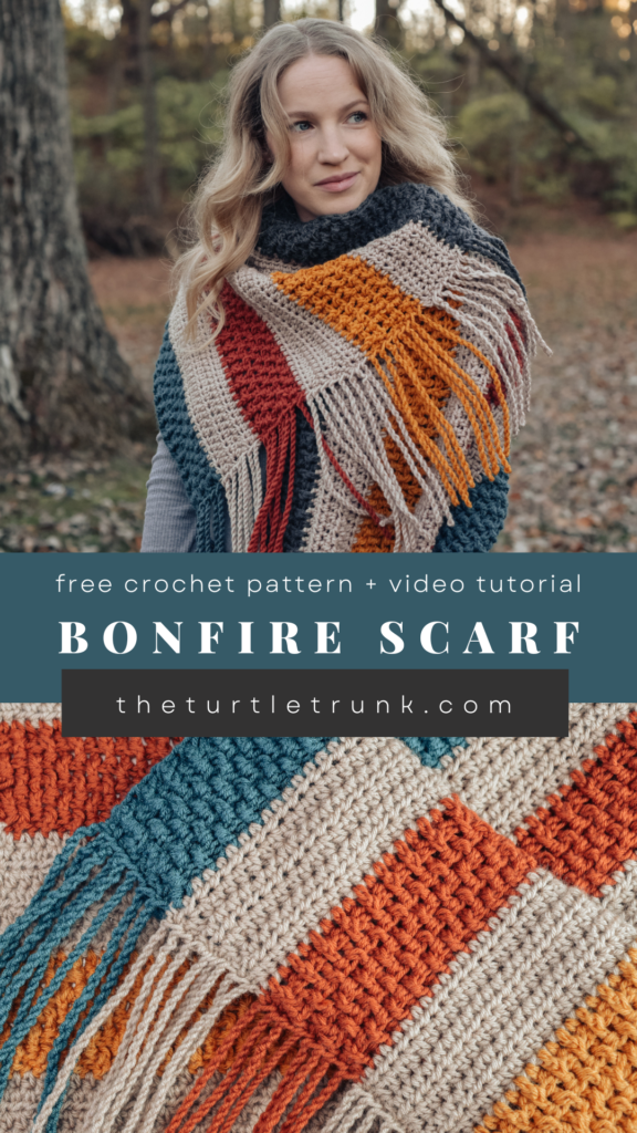 Pinterest pin for the Bonfire Scarf crochet pattern by The Turtle Trunk. Photo shows a woman wearing a striped crochet scarf.