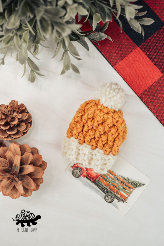 Photo of a mini crochet beanie gift card holding and tree ornament.