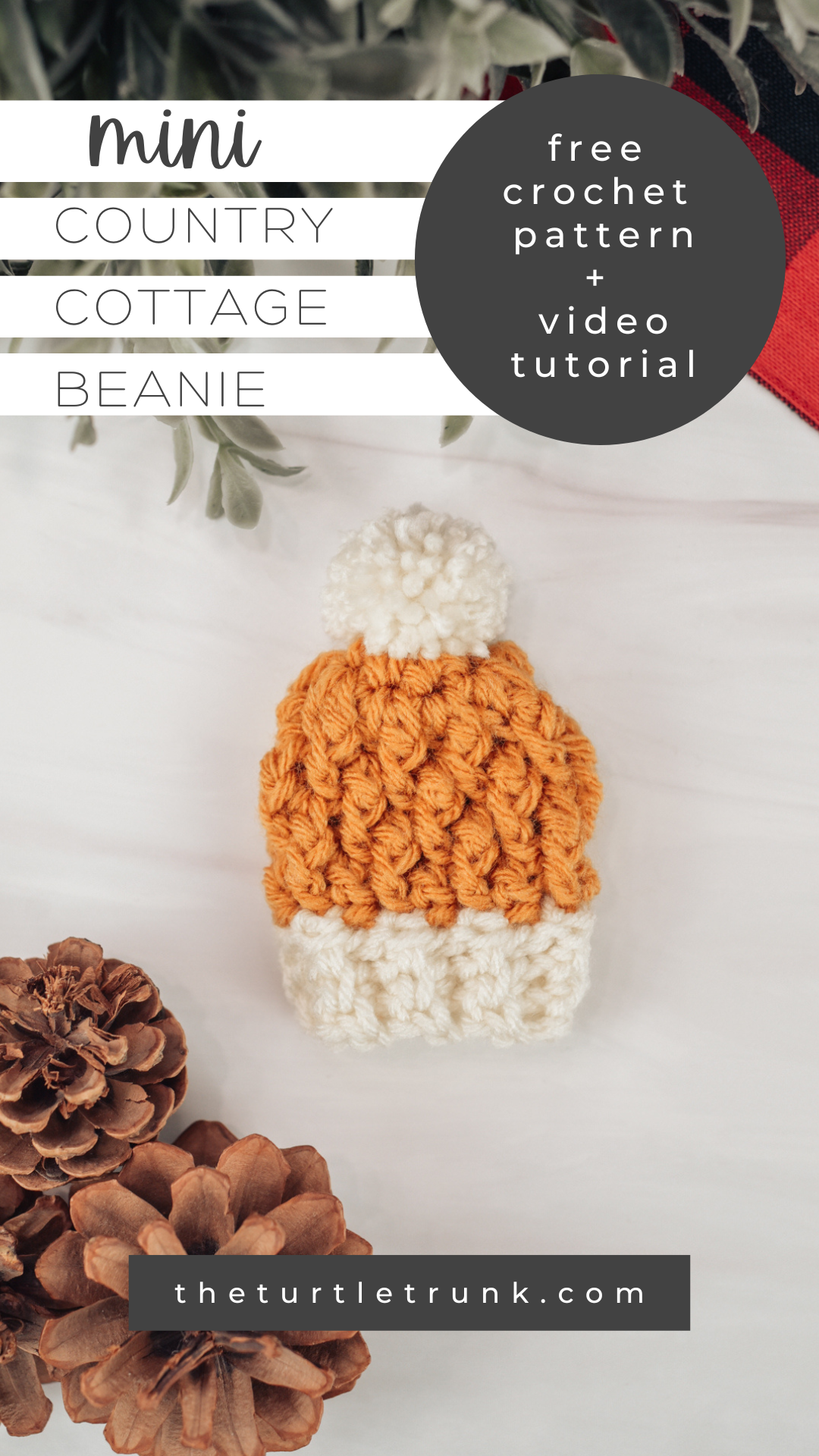 Pinterest pin for the Mini Country Cottage Beanie crochet pattern by The Turtle Trunk. Photo shows a mini crochet beanie laying on a white surface.