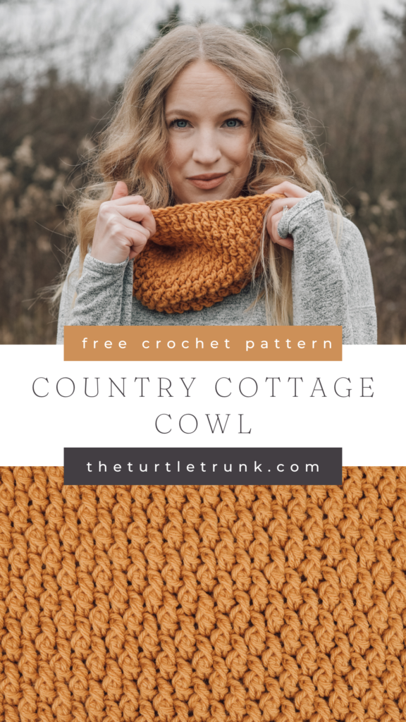 Pinterest pin for the Country Cottage Cowl crochet pattern by The Turtle Trunk. Photo shows a woman wearing a yellow crochet cowl.