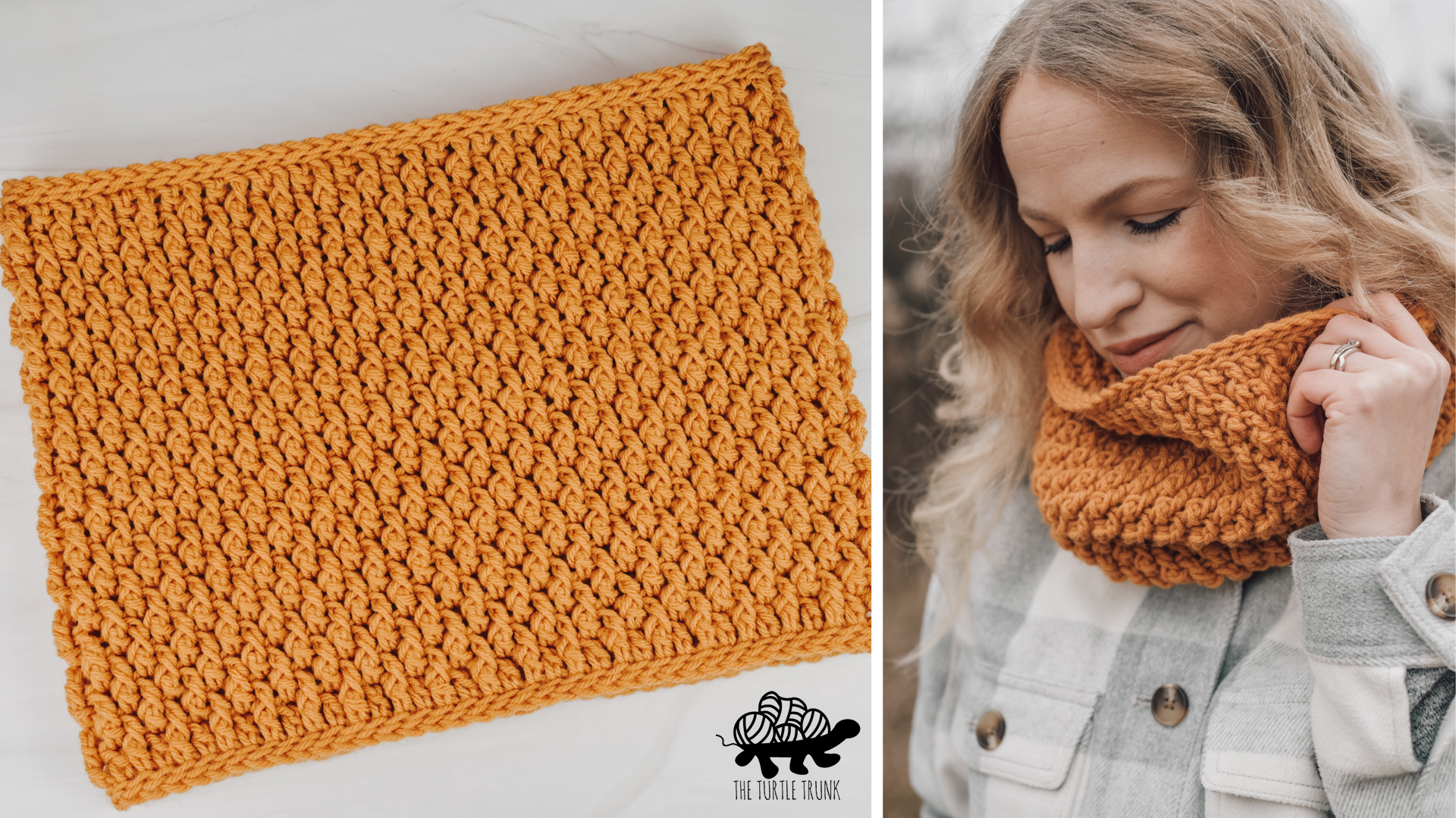 Photo shows a yellow, crochet cowl laying on a white surface on the right. On the left is a woman wearing the yellow, crochet cowl. Crochet pattern is the Country Cottage Cowl by The Turtle Trunk.