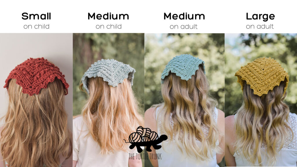 Size comparison of the Picot Bandana crochet pattern by The Turtle Trunk. The photo shows the back of the head of 4 people wearing crochet bandanas.