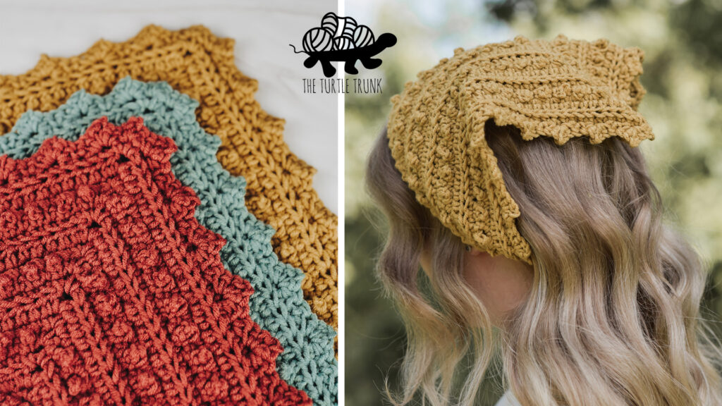 Photo shows 3 crochet bandanas laying on a white surface on the left. On the right a woman is wearing a yellow, crochet bandana. Picot Bandana crochet pattern by The Turtle Trunk.