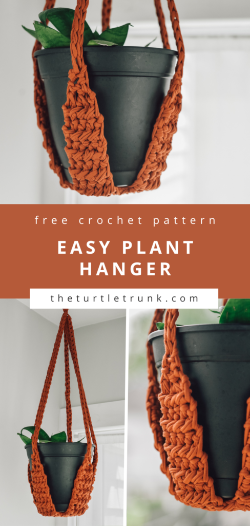 Pinterest pin for the Easy Plant Hanger crochet pattern. Photos show a crochet plant hanger and plant pot hanging from the ceiling.