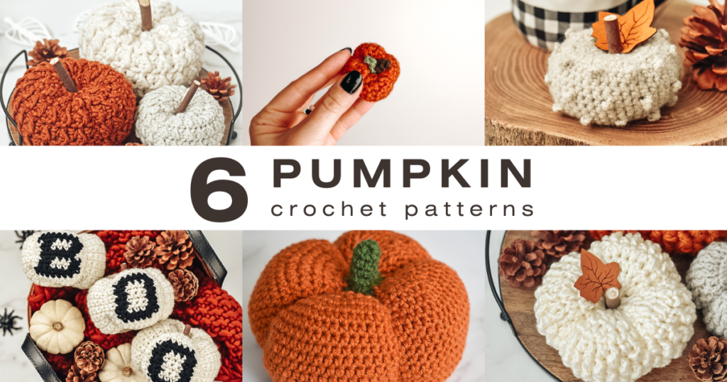 Thumbnail photo showing 6 different crochet pumpkin patterns.