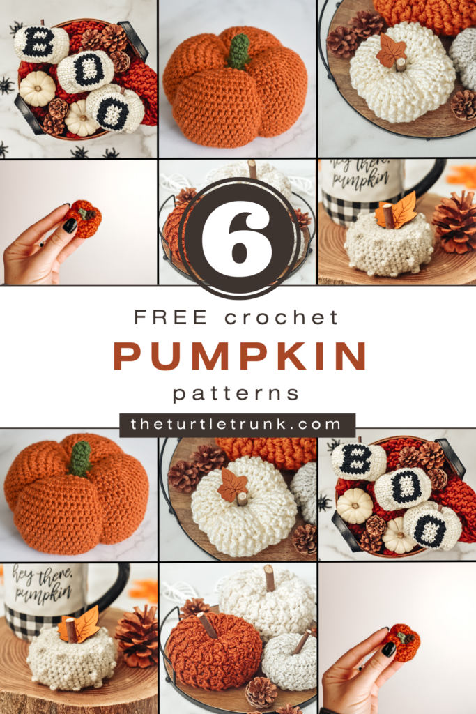 Pinterest pin photo showing 6 different crochet pumpkin patterns by The Turtle Trunk.