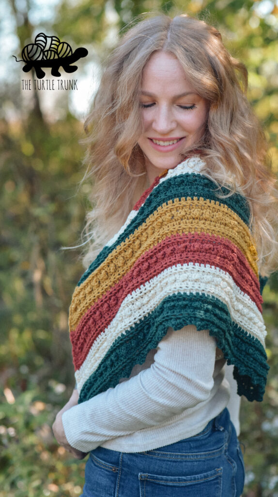 Photos show a woman wearing a striped, crochet, triangle scarf.