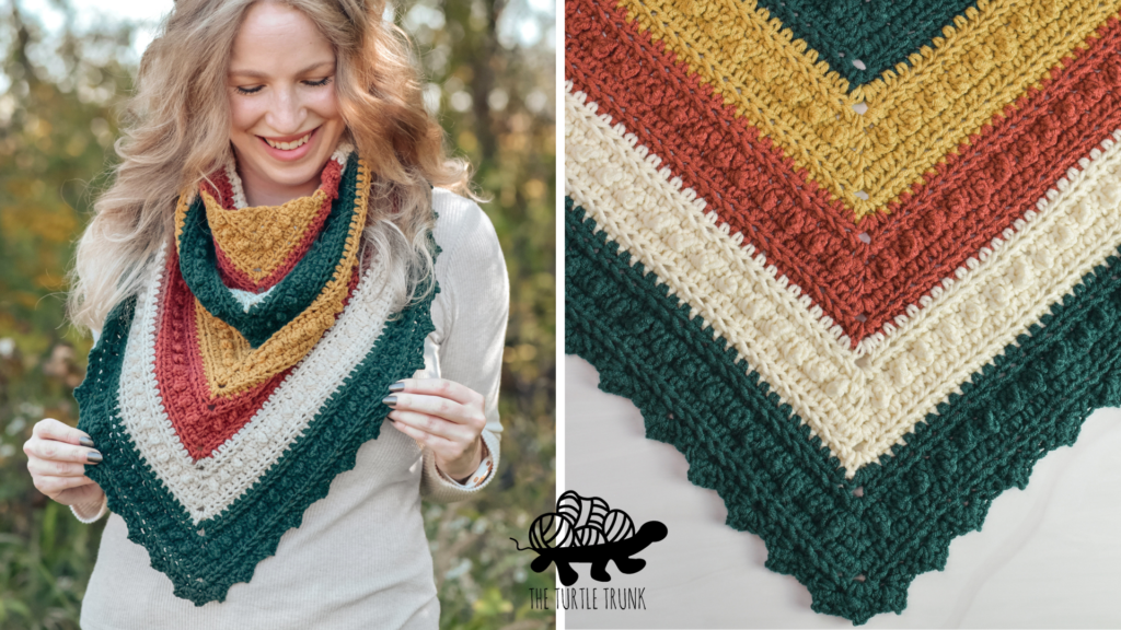 The photo on the left shows a woman wearing a striped, crochet, triangle scarf. The photo on the right shows the same crochet scarf laying on a white surface.