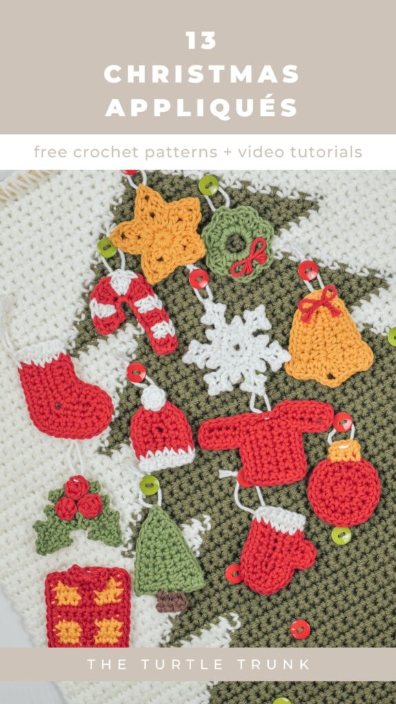 Pinterest pin showing 13 crochet Christmas appliqué patterns.