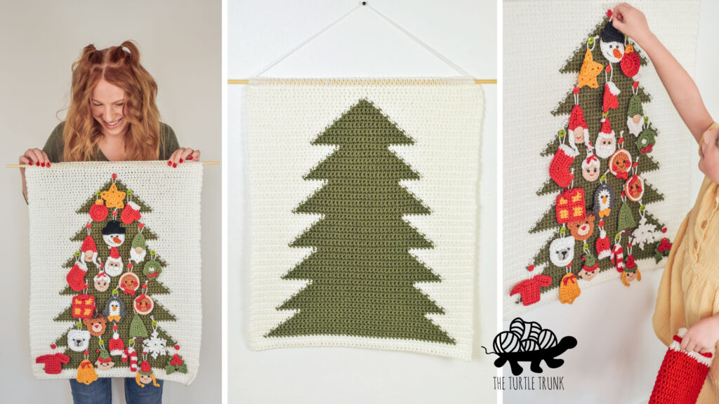 Photos show a woman holding a crochet, wall hanging that features tree, the dame wall hanging on the wall, and a girl putting decorations on the tree wall hanging.