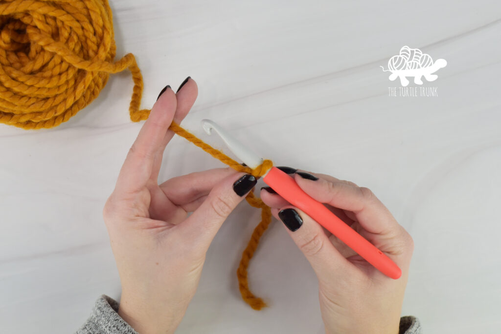 How to hold your crochet hook and yarn. Hold your yarn between your index finger and your middle finger.