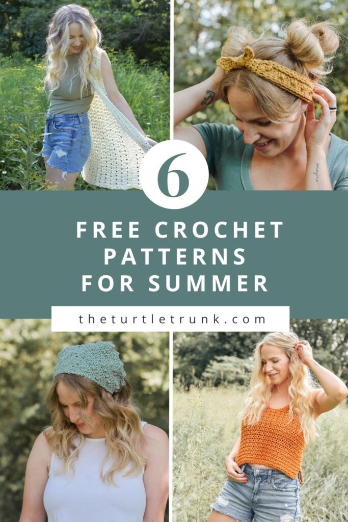 4 images of a woman wearing. crochet vest, crochet headband, crochet bandana, and crochet tank top.