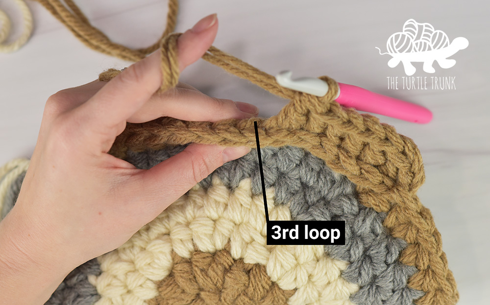 Hand holding yarn and crochet hook showing to to work in the 3rd loop.