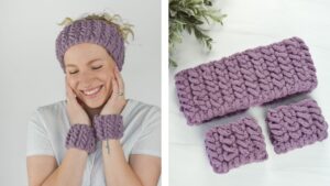 Woman wearing a purple crochet headband and matching wristbands.