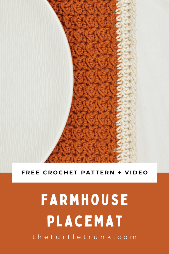 Pinterest pin for the Farmhouse Placemat crochet pattern by The Turtle Trunk. Photo shows a close up of a crochet placemat with a plate on it.