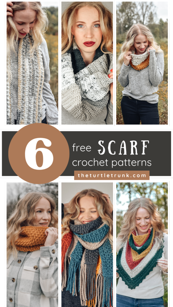 6 photos of a woman wearing a crochet scarf.