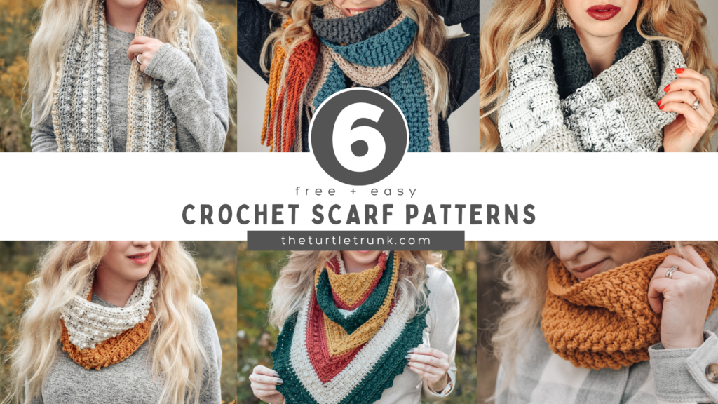 Shows 6 photos of a woman wearing a crochet scarf.