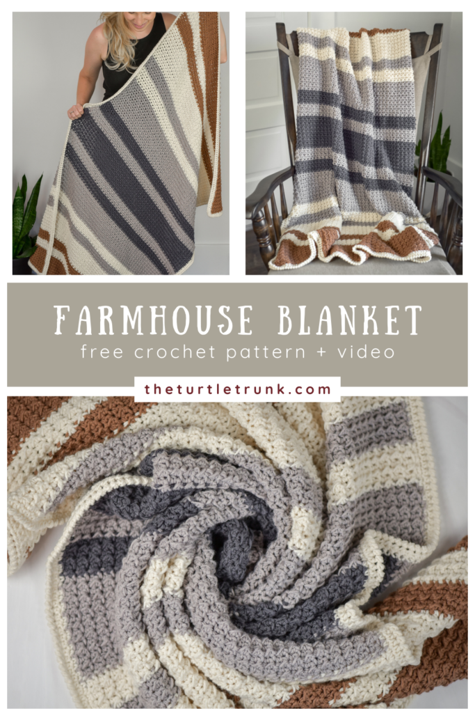 Pinterest pin for the Farmhouse Blanket crochet pattern by The Turtle Trunk. Photos show a striped, crochet blanket.