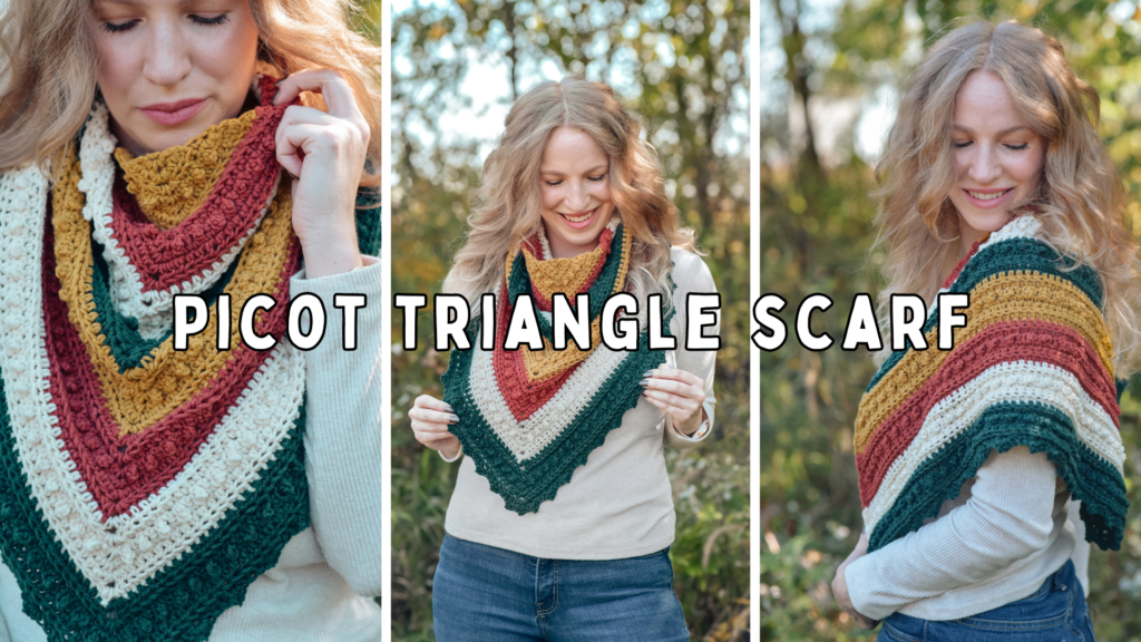 Woman wearing a crochet triangle scarf.